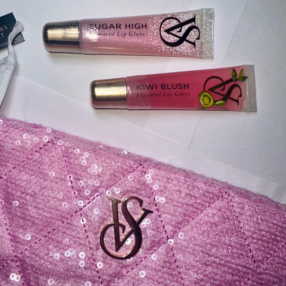 Victoria’s Secret Pink Sequin Quilted Bag + Sugar High & Kiwi Blush Gloss Set - Picture 3 of 3